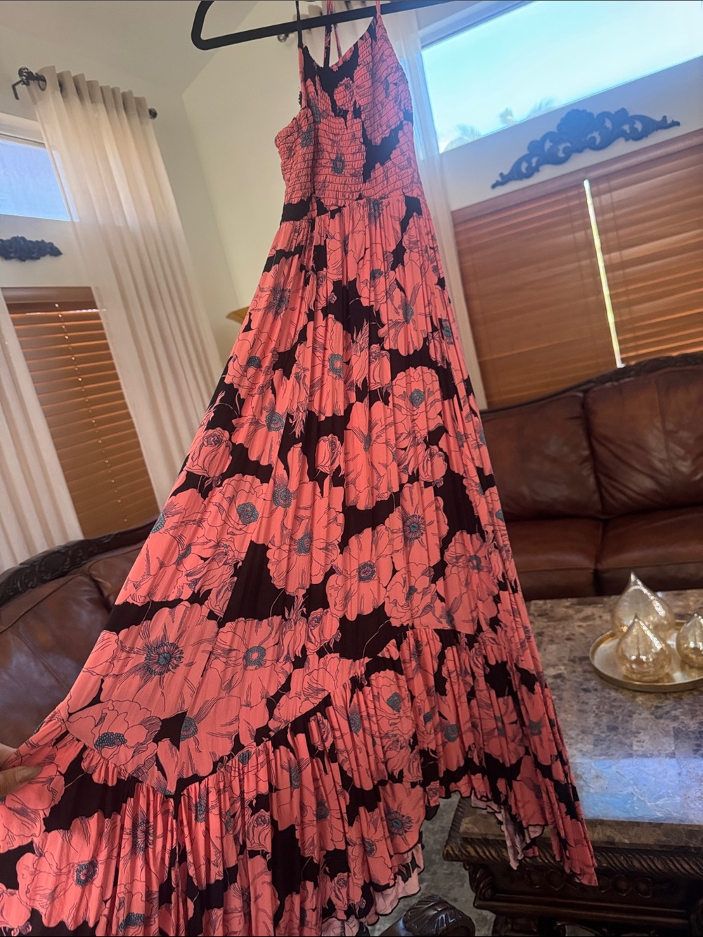 Free People Coral and Black Floral Maxi Skirt